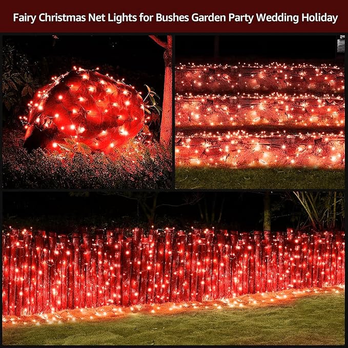Led Christmas Net Lights Outdoor Christmas Decorations 120Led 6Ftx4Ft Connectable Waterptoof Mesh Net Lights for Trees Bushes Wedding Garden Outdoor Christmas Decorations (Red)