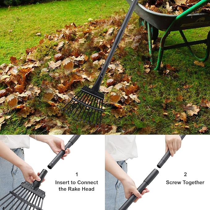 Rake for Leaves Small Metal Garden Tool with 11 Tines 63 Inch Adjustable Handle Sturdy Yard Rake for Gardening Gathering Leaves Weeds Debris, Black