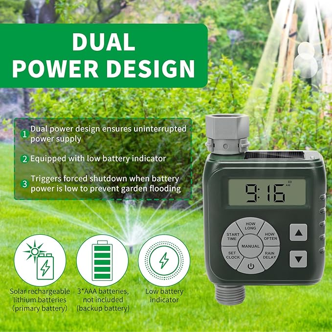 Sprinkler Timer, Zuomeng Water Timer for Garden Hose with Dual Power Design, Professional Anti-Leak Technology, Smart Irrigation with Rain Delay, Automatic/Manual Mode for Efficient Watering, Green