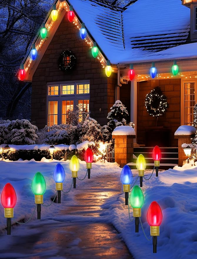 Jumbo C9 Christmas Pathway Lights Outdoor, 2Pk Total 14Ft Outdoor Christmas Decorations with 8 LED Jumbo C9 Clear Multicolor Light Bulbs, Christmas Walkway Lights for Lawn Holiday Yard Garden Sidewalk