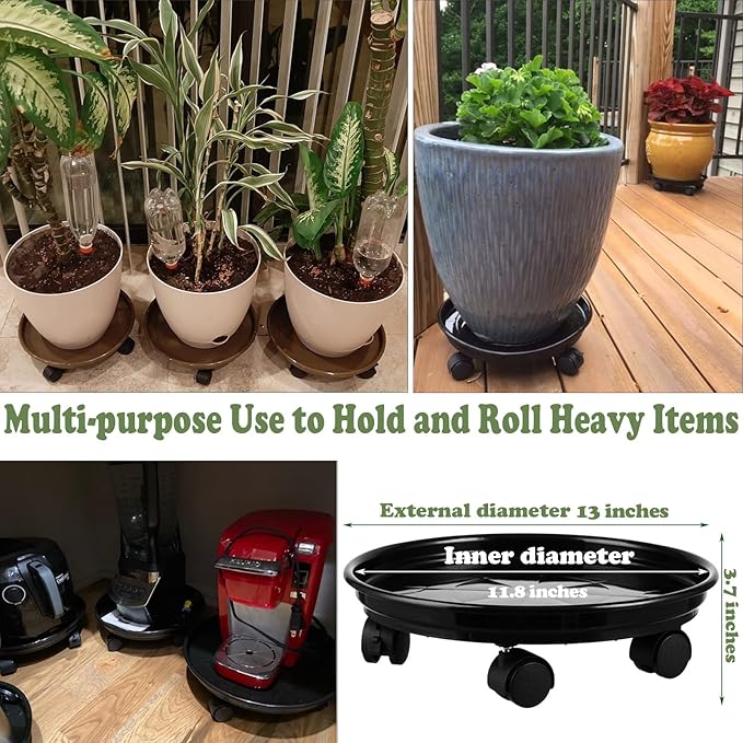6 Packs Plant Caddy with Wheels 11.8" Plastic Rolling Plant Stands Heavy-duty Plant Dolly with Casters Indoor Outdoor Wheeled Plant Roller Base Large Planter Saucers Plant Mover, Black