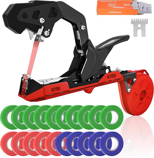 SWANSOFT Plant Tying Machine, Lightweight Plant Vine Tying Tape Machine Tool, Plant Tape Gun for Tomatoes, Grapes and Vegetable Garden, Come with 10000pcs Staples 10 Rolls Tape (Red)