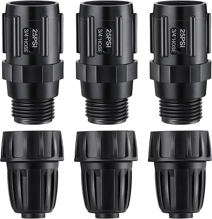 6 Pcs 25 PSI Drip Irrigation Pressure Regulator Faucet Adapter Kit, 3 Pcs 3/4" FHT x 3/4'' MHT Pressure Regulator, 3 Pcs 1/2 Inch Drip Irrigation Tubing Adapter for Drip Irrigation System