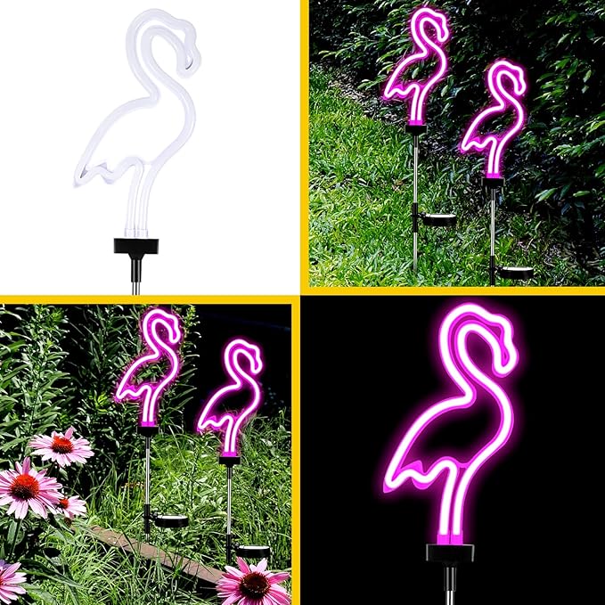 Hortsun Flamingo Solar Lights Outdoor Neon Light Yard Pink Flamingo Waterproof Decorations for Garden Patio Yard Pathway Decoration(2 Pack)