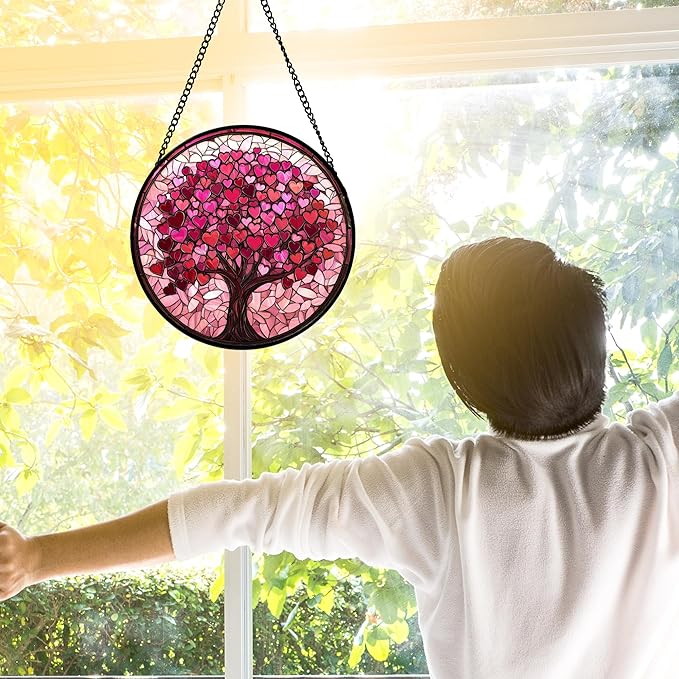 Stained Glass Window Hanging, Pink Love Tree of Life Sun Catchers Colorful Glass Panel Suncatcher Decor for Birthday for Women, Men, Wife, Lovers, and Mom 6.3 in