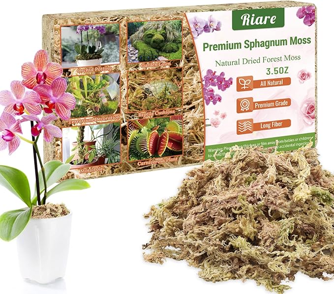 Riare 3.5 OZ Premium Sphagnum Moss for Plants- 4QT Natural Long Fiber Sphagnum Peat Moss Dried, Plants Moss Orchid Potting Mix for Orchids Repotting, Carnivorous Succulent Potted Plants and Reptiles