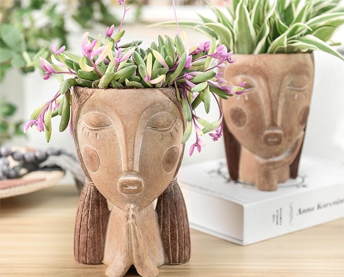 Face Planter Pots with Drainage Hole, Resin Head Planters for Indoor Plants Flower Plant Pots Succulent Pot, Cute Girl Face Planter Gifts for Lover-Praying