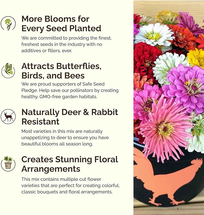 Eden Brothers Zin Master Flower Mixed Seeds for Planting, 1/4 lb, 120,000+ Seeds with California Giant, Mexican, Lilliput Zinnia | Attracts Pollinators, Plant in Spring, Zones 3, 4, 5, 6, 7, 8, 9, 10