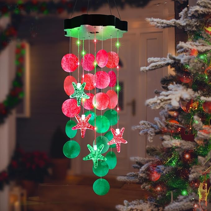 Solar Wind Chimes for Outside, Red & Green Shell Gifts for Mom Grandma Women, Waterproof Solar Outdoor Decorative Mobile Lights for Garden, Yard, Patio, Window, Party, Outdoor Decorations
