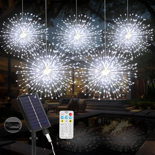 Solar Firework Lights Outdoor, 1000 LED Starburst Light Outdoor with USB Rechargerable, 8 Modes Waterproof Solar Hanging Lights for Gazebo Yard Party Wedding Decorations (White, 1000 LED)