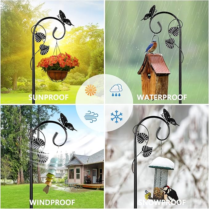 Shepherds Hooks for Outdoor Hummingbird Bird Feeder Pole Hanger 67 Inches with 5 Prongs Base Stainless Metal Adjustable Garden Hanging Holder Weddings Garden Decor Butterfly 2-Pack Black
