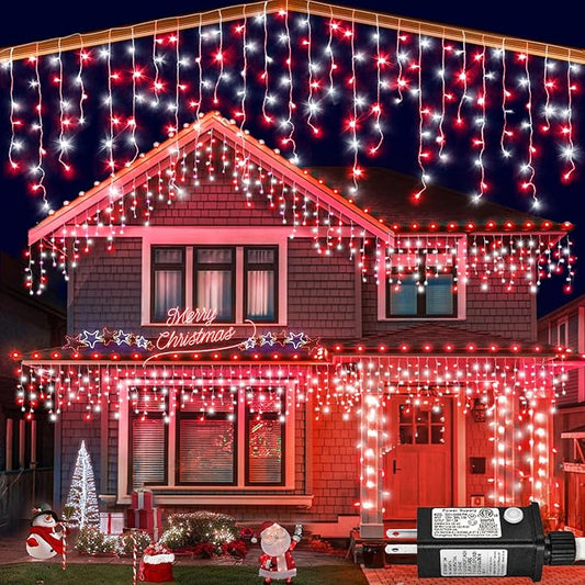 33ft Icicle Lights for Outside, Red and White Christmas Lights Outdoor Indoor, 400 LED Twinkle String Light with 75 Drops Short Curtain Light for Thanksgiving Room Home Wall Bedroom Window Decoration