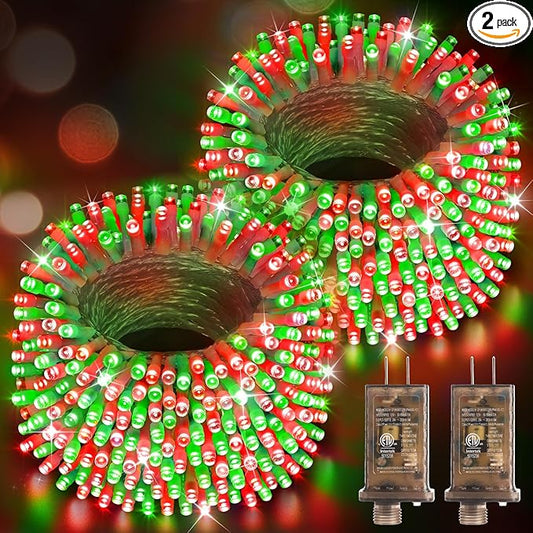 Hezbjiti 2 Pack 1000 LED 403 FT Christmas String Lights Outdoor, 8 Lighting Modes IP44 Waterproof Fairy Lights with Timer and Dimmable Function for Party Tree Decorations (Red+Green, Clear Wire)