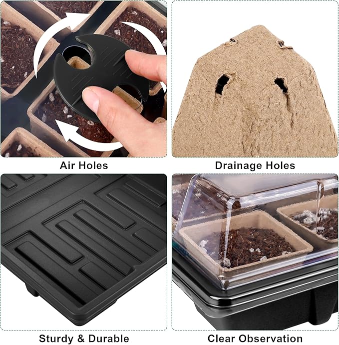 6 Pack Seed Starter Tray Kit with 120 Square Peat Pots for Seedlings, Including Plants Labels, Planting Tools, Growing Trays Plastic Germination Tray Paper Starter Pods for Plant Seeds, Black
