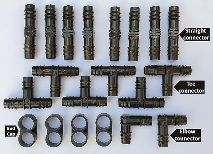 20-Piece Barb Connector Fitting Kit: 8 Straights, 6 Tees, 4 End Plugs, 2 Elbows, 16mm 0.520 Half-Inch ID, Garden Drip Irrigation, 670013-P