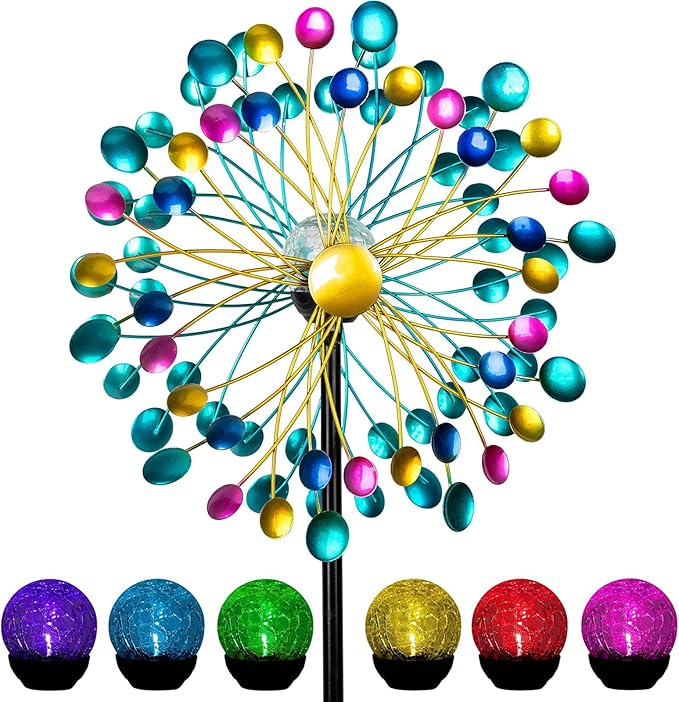 Solar Wind Spinners for Yard and Garden- 58.2 Inch Metal Wind Sculptures Outdoor Clearance Kinetic Windmills with Multi Color Led Glass Ball (Polka Dots)