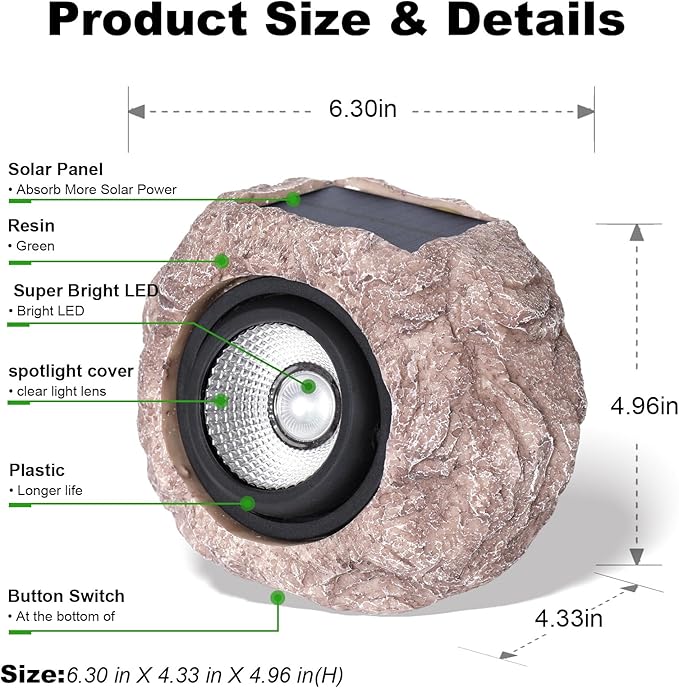 Outdoor Solar Rock Light, Waterproof LED Solar Spotlight, Garden Landscape Lights, Decorative Garden Rock Lights for Paths, Sidewalks, Patio and Landscaping - 4 Pack