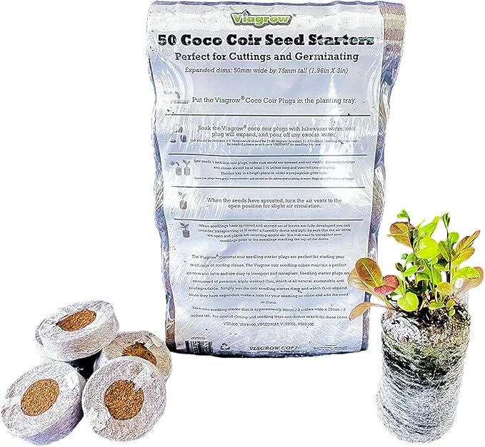 Viagrow Coco Coir Seed Starter Plugs, Sustainable Soil Pods, Expandable Coco Discs 50mm, 50-Pack