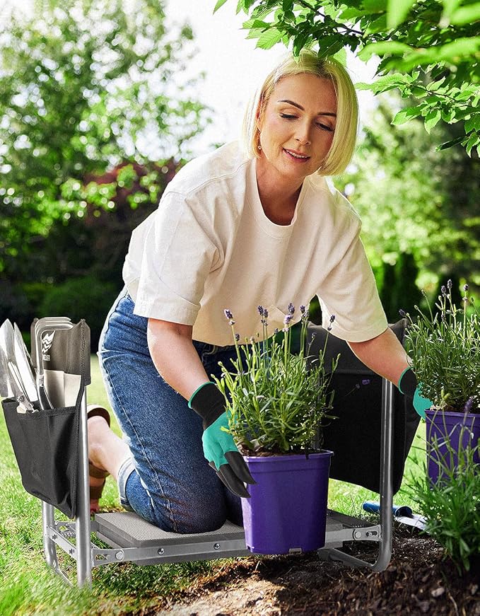 Garden Kneeler and Seat, Foldable Garden Stool 10.2" Width, Heavy Duty Knee Seat for Gardening with 2 Tool Pouches and Tool Bag & Gloves, Gardening Bench Accessories for Seniors (Black)