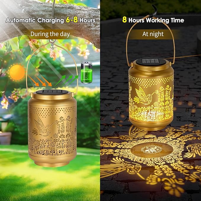 Garden Decor Birthday Gifts for Women, Solar Lanterns Hummingbird Outdoor Decoration, Mothers Day Gifts for Mom Grandma, Hanging Solar Lights Outside for Yard, Patio, Backyard, Porch (2 Pack)