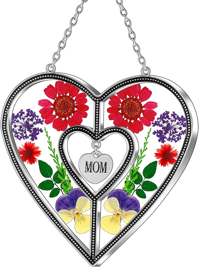 KY&BOSAM Heart Suncatcher Mom Gift Ornament Stained Glass Panles Hangings for Windows Sun Catcher with Pressed Flower Heart in Glass Birthday Gifts for Women Mother`s Day Christmas Home Garden Decor