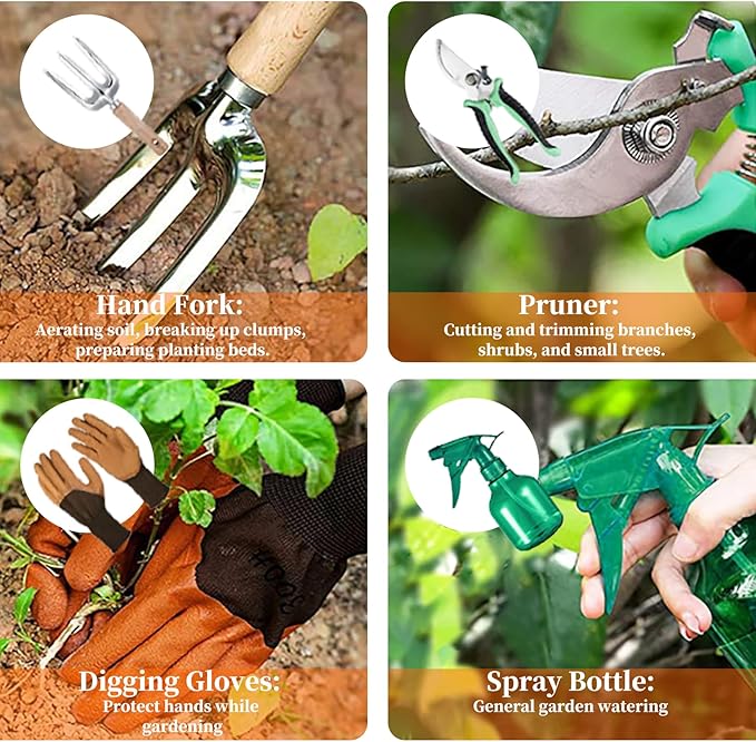 Garden Tools Set, 9PCS Heavy Duty Gardening Tools with Storage Garden Tote Bag, Rust-Proof Stainless Steel Garden Supplies Hand Tools with Wood Handles, Ideal Garden Gifts for Women Men