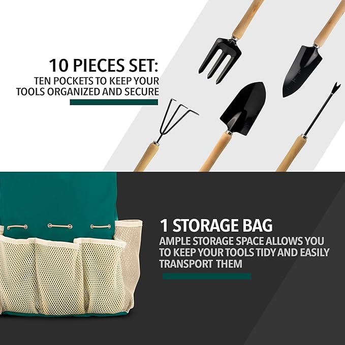 Garden Tools Set – Gardening Tools Organizer Handbag – Rust Proof, Heavy Duty, Ergonomic & Durable Tool Bag Kit – Gardening Gifts for Women & Men – Garden Tool Organizer Tote Bag with 10 Pieces Set