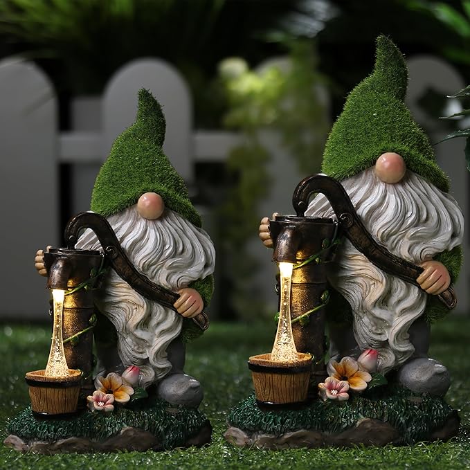 TERESA'S COLLECTIONS Resin Garden Gnomes Decor with Solar Lights, Green Outdoor Decorations for Porch Patio, Gifts for Women and Men，Outdoor Garden Decor Ornaments for Outside, 10"