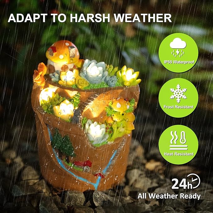 Garden Solar Figurine Light - Flowerpot Succulent Solar Light Outdoor, Solar Powered Lighting Outside Decorations Yard Art Lawn Ornaments for Porch Patio Balcony - Succulent Gifts for Women Mom