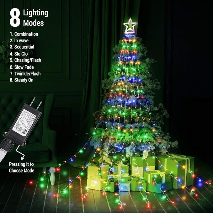 Toodour Christmas Decorations Outdoor Star Lights, 317 LED 10ft X 9 Waterfall Tree Lights with 12" Topper Star, 8 Lighting Modes Outside Christmas Lights for Yard Garden Holiday Decor (Multicolor)