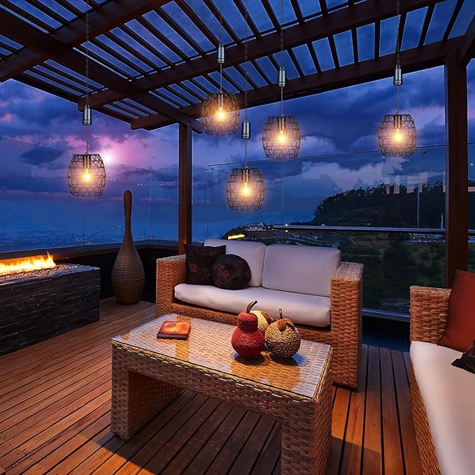 Larekook 6 Hours Timer Battery Operated Outdoor Hanging Light — Outdoor Indoor Pendant Chandelier Waterproof Porch Gazebo Patio Pendant Lantern Chandelier Lighting-Out Auto On/Off