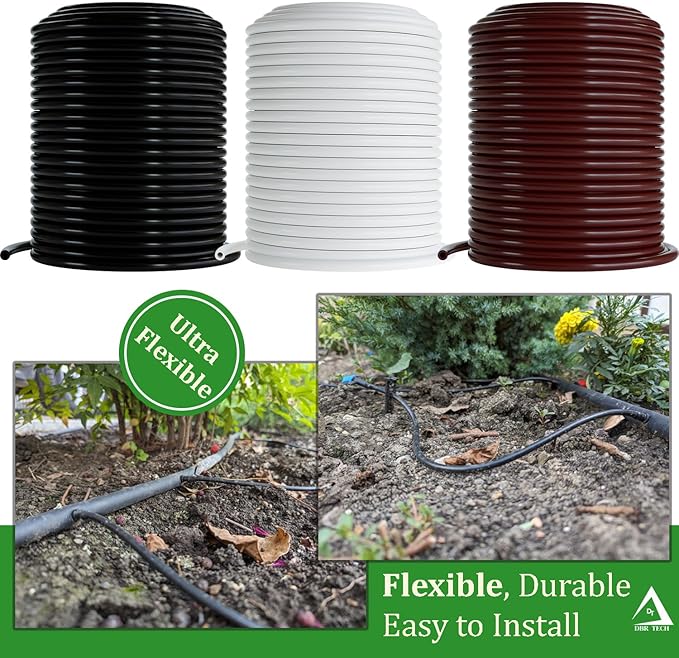 1/4 Drip Irrigation Tubing, 100 Feet, Flexible PVC Plastic Drip Irrigation Hose for Gardening, Misting, Hydroponics and DIY Landscape Garden Projects, Blank Distribution Tubing (100ft, Brown)