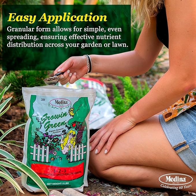 Medina Growin Green Organic Granular Fertilizer - 5 lb Bag - Nutrient Rich Soil Enhancer 3-2-3 Granules for Lush Gardens, Lawns, and Plants - Covers 375 Sq. Ft.