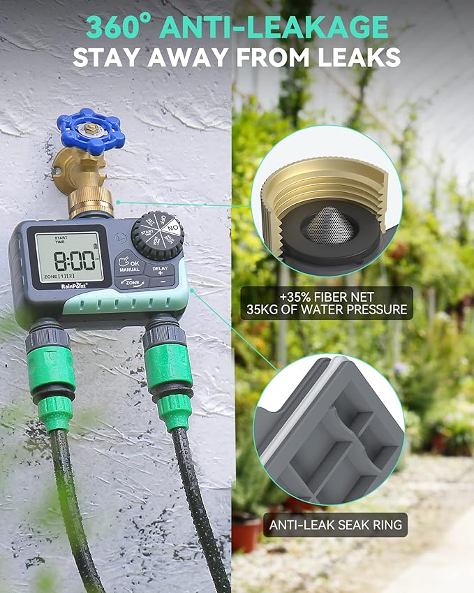 RAINPOINT Water Timer for Garden Hose - Sprinkler Timer with Brass Swivel - Rain Delay/Manual Watering/Automatic Irrigation Controller System Hose Timer Programmable Faucet Timer for Yard, 2 Outlet