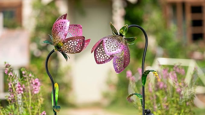TERESA'S COLLECTIONS Flower Solar Outdoor Lights Garden Decor for Outside, 27-29.5'' Metal Tulip Yard Decorations Outdoor, Garden Stake Decorative for Porch Patio Decor, Set of 2, Gift for Christmas