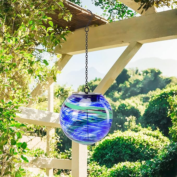 VCUTEKA Solar Chandelier Outdoor, Hanging Glass Solar Light with Hook Up, Garden Lanterns Decor for Yard, Tree and Patio, Blue Green