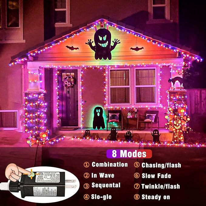 100 LED Halloween Lights Outdoor, 33ft Halloweem String Lights Indoor Clear Wire 8 Modes Waterproof Plug in Twinkle Fairy Lights with Timer Memory for Room Tree Party Decorations, Purple&Orange