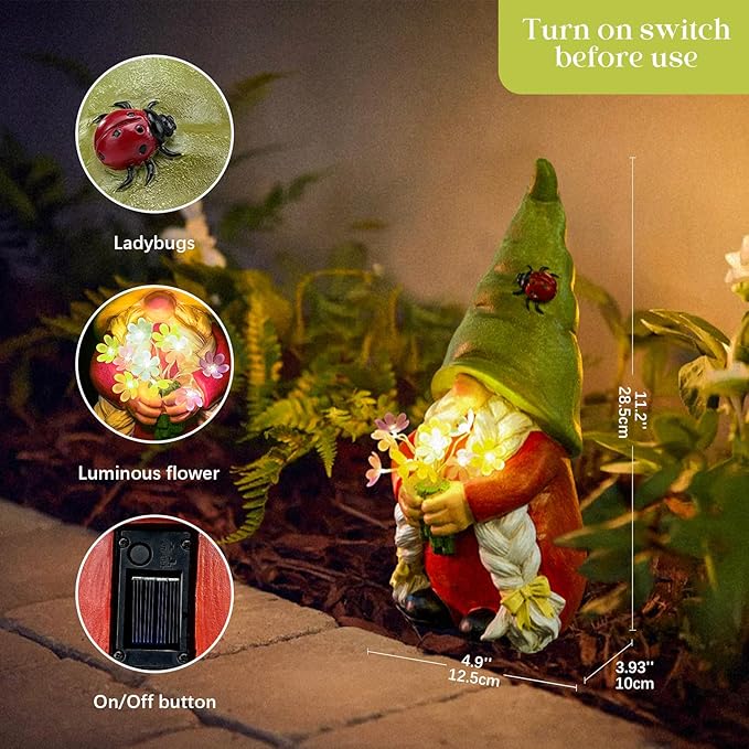 Solar Garden Gnome Lady Statues Outdoor Gnomes with Flowers Lights Porch Patio Lawn Yard Decoration - Ideal Christamas Gardening Birthday Gifts for Woman Mom