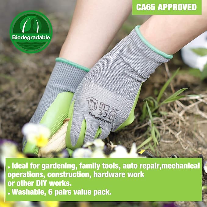 WORKPRO 6 Pairs Garden Gloves, Work Glove with Eco Latex Palm Coated, Working Gloves for Weeding, Digging, Raking and Pruning(L)