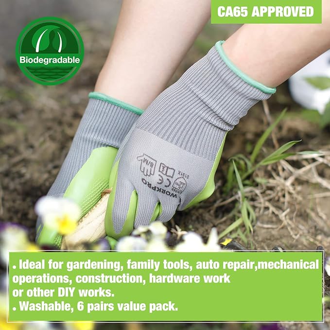 WORKPRO 6 Pairs Garden Gloves, Work Glove with Eco Latex Palm Coated, Working Gloves for Weeding, Digging, Raking and Pruning(M)