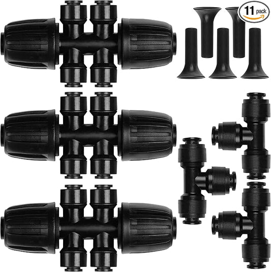 Carpathen Drip Irrigation Fittings Pack - Push-to-Connect Irrigation System Compatible - 3 x 4Way Coupler 1/2" to 1/4", 3 x 3 Way Tee T Shape Barbed 1/4 Drip Tubing Splitter, 5 x 1/4 End Plugs