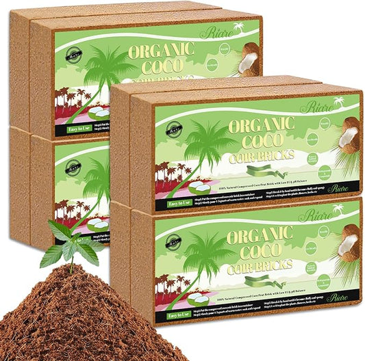 Riare 8pcs Organic Coco Coir Bricks Soil Blocks- 100% Natural Compressed Coco Peat Brick Coconut Fiber Substrate with Low EC& pH Balance, High Expansion Coco Coir Pith Coconut Husk for Garden
