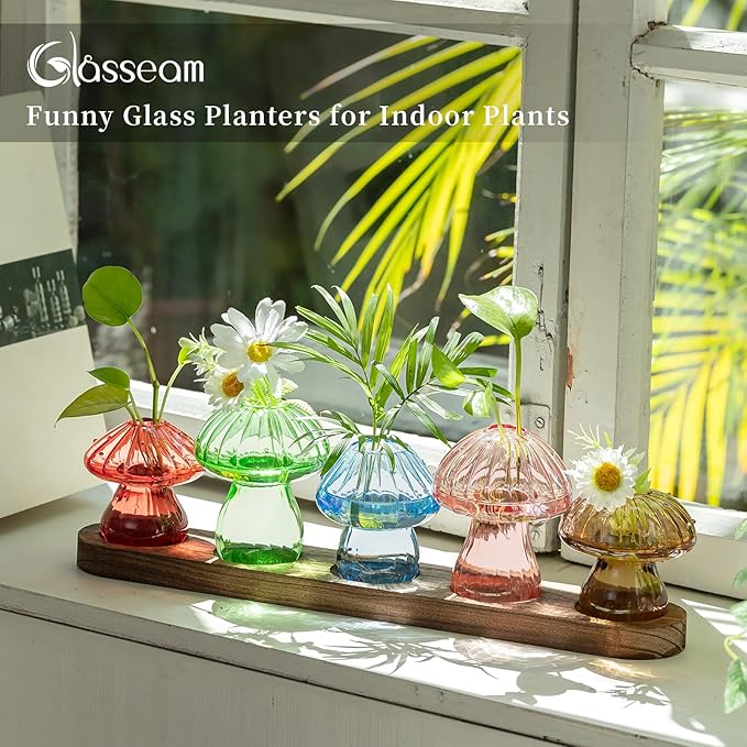 Glasseam Mushroom Plant Propagation Stations: Glass Plant Terrarium Jar with Wood Stand Unique Hydroponic Planters for Indoor Plants Cute Propagation Vase for Plant Lovers Home Office Decor 5Pcs