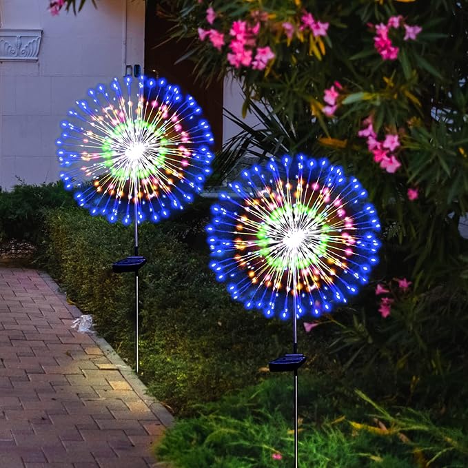 Solar Garden Firework Lights Outdoor Waterproof 4 Pack Solar Powered Art Stake Twinkle Outside Solar Lighting Upgrad 180 LED Sparklers Lights for Yard Party Decorations (Colorful)