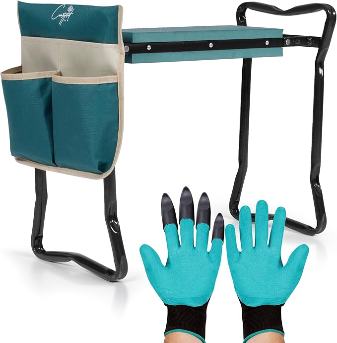 Garden Seat and Kneeler - Portable EVS Cushion Gardening Kneeling Pad 2X Gloves 1x Pouch - Soft, Wide, Comfortable and Heavy Duty Gardening Stool, Gardening Gifts for Parents and Loved Ones