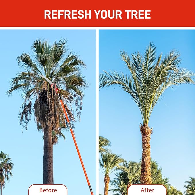 Outvita Manual Pole Saw, 26 Feet Extendable Tree Pruner with Knives and Storage Pocket, Sharp Steel Blade and Scissors High Branches Trimming for Pruning Palms and Shrubs（Orange）