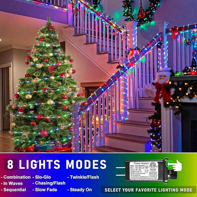 Rope Lights for Outside, 164FT 500 LED Rope Lights Outdoor/Indoor with Waterproof 8 Modes, Connectable Plug in Christmas Tree Light for Home Pool Garden Party Holiday Decorations, Multicolor