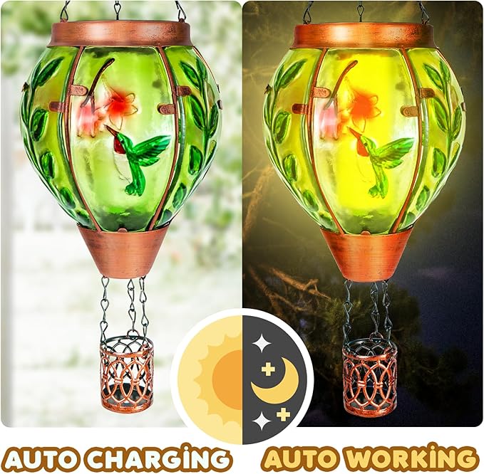 Hummingbird Solar Hot Air Balloon Lantern,Outdoor Decor with Flame Lights Waterproof, Hanging Lights for Garden Yard Lawn Patio, Unique Gifts for Women Mom Grandma Gardener for Mother'Day