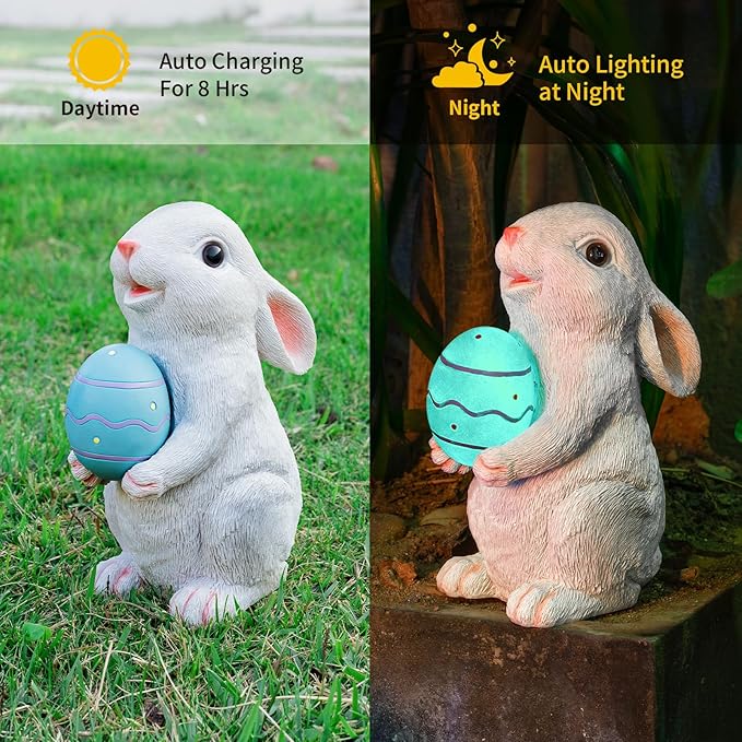 Solar Easter Rabbit Garden Statues Outdoor Bunny Decor Resin Bunny Statue with Egg Changing LED Lights Outdoor Easter Decorations for Porch Patio Lawn Yard Easter Gifts for Mom Grandma