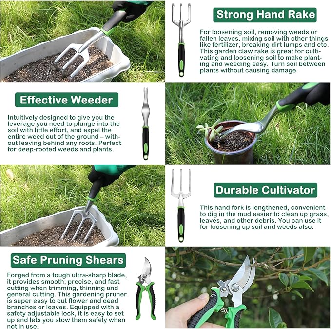 Gardening Tool Set, 8 Piece Garden Tools Set with Bag, Heavy Duty Stainless Steel Garden Tools Set Kit, Outdoor Hand Tools, Ideal Garden Tool Kit Gifts for Women Green